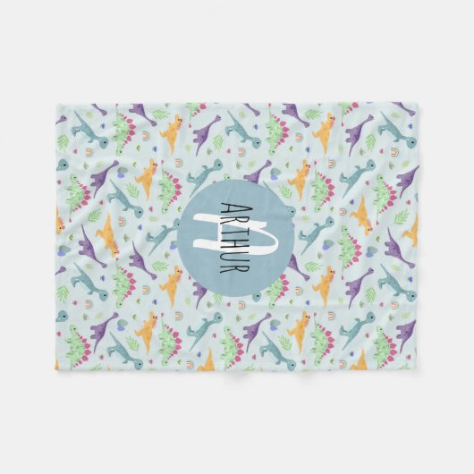 Boys Niedlich Blue Dinosaurier Muster & Name Kinde Fleecedecke (Vorderseite (Horizontal))