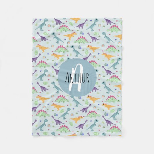 Boys Niedlich Blue Dinosaurier Muster & Name Kinde Fleecedecke (Vorderseite)