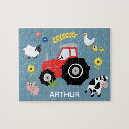 Boys Niedlich Blue Farm Traktor und Name Kids Puzzle (Horizontal)