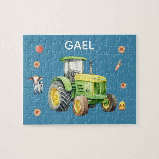 Boys Niedlich Blue Farm Traktor und Name Kids Puzzle (Horizontal)