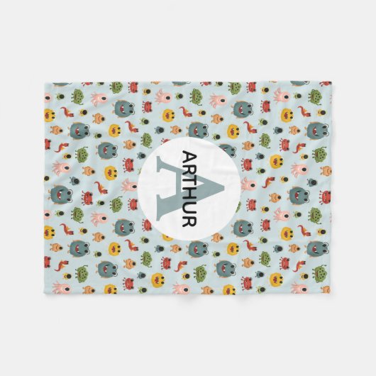 Boys Niedlich Blue Monster Alien Monogram Kids Fleecedecke (Vorderseite (Horizontal))