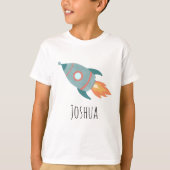Boys Niedlich Blue Rocket Ship in Space and Name T-Shirt (Vorderseite)
