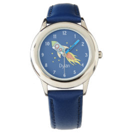 Boys Niedlich Blue Rocket Ship Space und Name Kids Armbanduhr