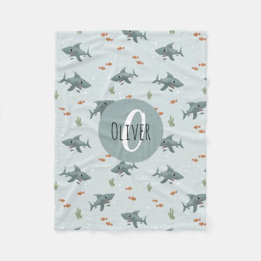 Boys Niedlich Blue Shark Muster Monogram Kids Fleecedecke (Vorderseite)