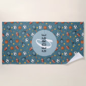 Boys Niedlich Blue Sports Monogram Kids Strandtuch (Vorderseite)