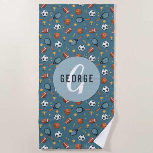 Boys Niedlich Blue Sports Monogram Kids Strandtuch (Vorderseite)
