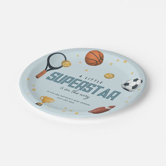 Boys Niedlich Blue Sports Superstar Kinderdusche Pappteller (Schrägansicht)