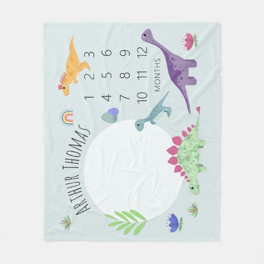 Boys Niedlich Blue T-Rex Dinosaurier Name Mileston Fleecedecke (Vorderseite)