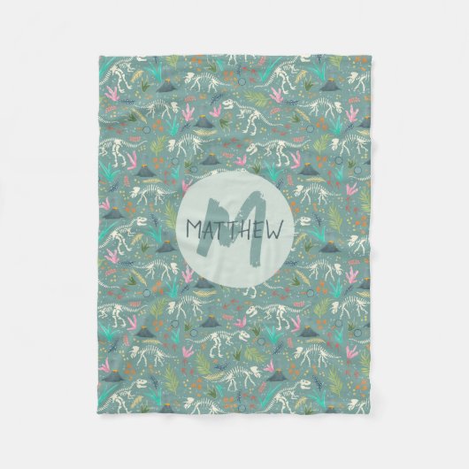 Boys Niedlich Dinosaur Fossil Muster Monogram Kids Fleecedecke (Vorderseite)