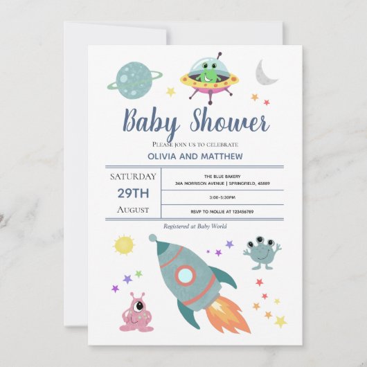 Boys Niedlich moderne Space Alien Rocket Baby Dusc Einladung (Vorderseite)