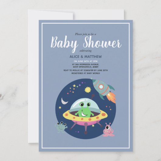 Boys Niedlich Space Alien Rocket Ship Baby Shower Einladung (Vorderseite)