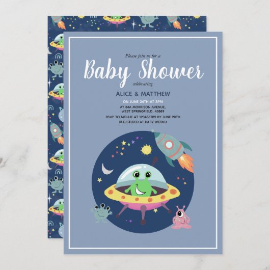 Boys Niedlich Space Alien Rocket Ship Baby Shower Einladung (Vorne/Hinten)