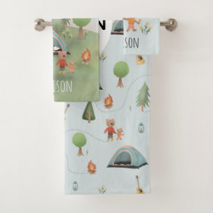 Boys Niedliche Waldbären Camping Muster & Name Kin Badhandtuch Set