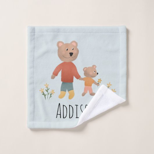 Boys Niedliche Waldbären Camping Muster & Name Kin Badhandtuch Set (Waschlappen)