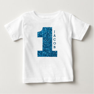 Boys One First Birthday Blue Glitzer Baby T-shirt