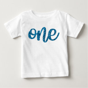 Boys One First Birthday Blue Glitzer Baby T-shirt
