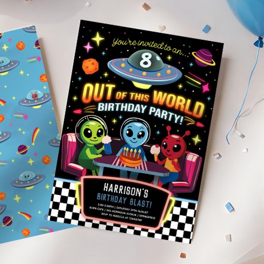Boys Out Of This World Neon Space Birthday Einladung