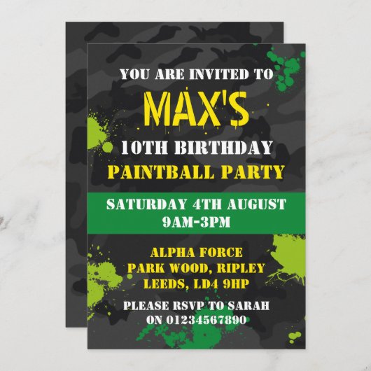 Boys Paintball Geburtstagsfeier Einladung (Vorne/Hinten)