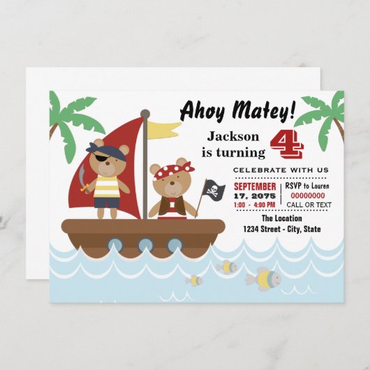 Boys Pirate Bear Birthday Party Einladung (Vorne/Hinten)