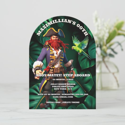 Boys pirate theme birthday party captain red einladung (Stehend Vorderseite)