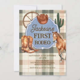 Boys Plaid Green Brown First Rodeo 1st Birthday Einladung