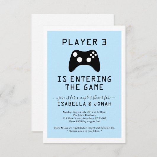 Boy's Player 3 Video Game Baby / Couple's Shower Einladung (Vorne/Hinten)