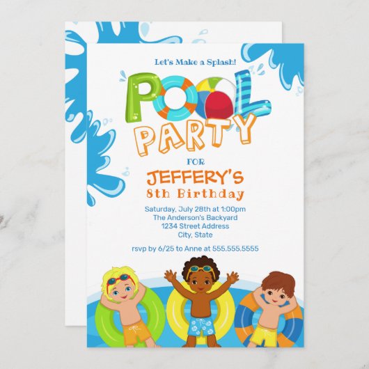Boys Pool Party 8. Geburtstag Einladung (Vorne/Hinten)