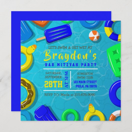 BOYS POOL SWIM FLOATS Bar Mitzvah Party Einladung (Vorne/Hinten)