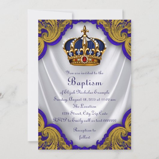 Boys Prince Taufe Royal Blue Gold Ruby Crown Einladung (Rückseite)