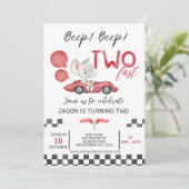 Boys Red Racing Car Elephant Zwei Fast 2. Geburtst Einladung (Stehend Vorderseite)