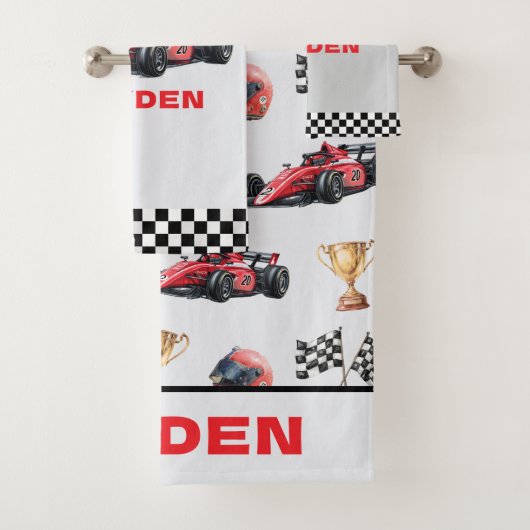 Boys Red Racing Car Pattern Personalised Badhandtuch Set (Insitu)