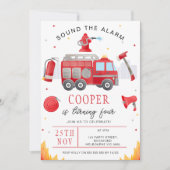 Boys Red Sound The Alarm Fire Truck Birthday Einladung (Vorderseite)