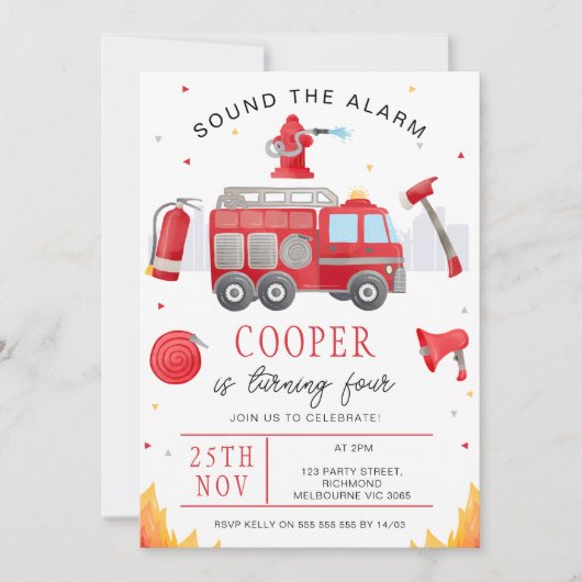 Boys Red Sound The Alarm Fire Truck Birthday Einladung (Vorderseite)