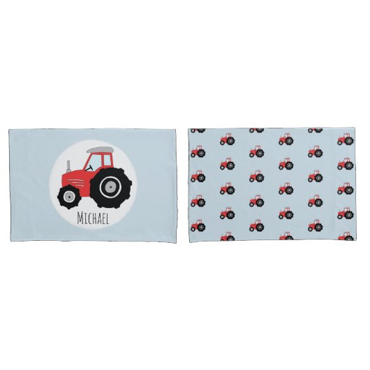 Boy's Red Traktor Muster mit Kindername Kissenbezug (Vorderseite-Set)