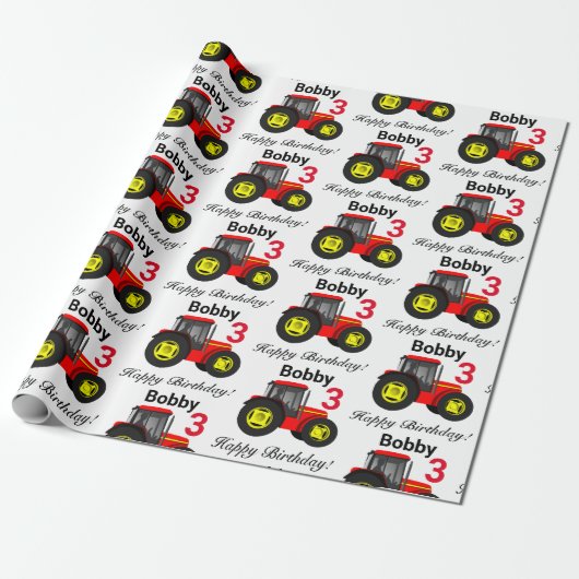 Boy's Red Traktor Name and Age Birthday Geschenk Geschenkpapier (Ungerollt)