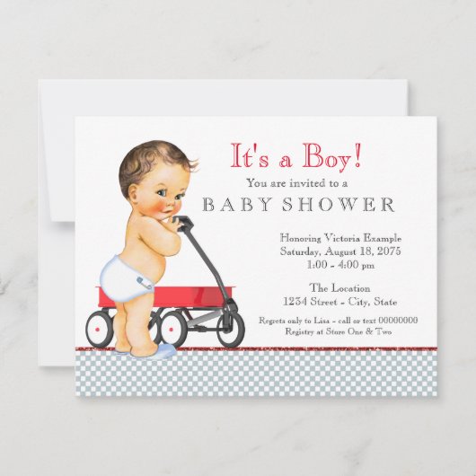 Boys Red Wagon Baby Dusche Einladung (Vorderseite)