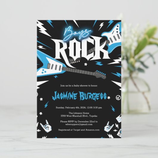Boys ROCK Baby Shower Einladung, Gitarre einladen Einladung (Stehend Vorderseite)