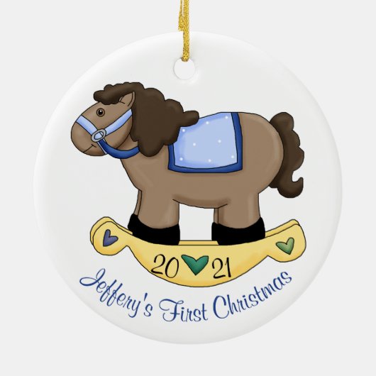 Boys Rocking Horse Baby's First Christmas Keramik Ornament (Hinten)