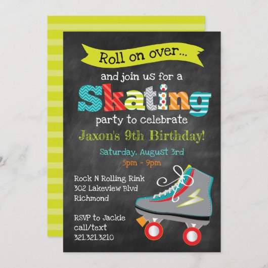 Boys Roller Skaten Birthday Party - Chalkboard Einladung (Vorne/Hinten)