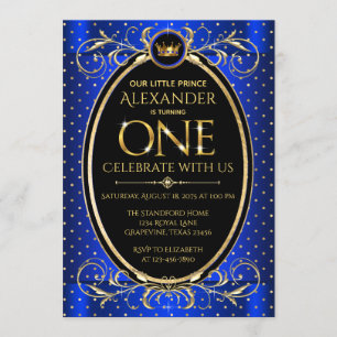 Boys Royal Blue Gold Prince Erste Geburtstagsparty Einladung