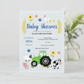 Boys Rustic Country Farm Green Traktor Baby Dusche Einladung (Stehend Vorderseite)