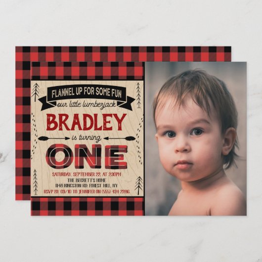 Boys Rustic Kariert Lumberjack 1. Geburtstag Foto Einladung (Vorne/Hinten)