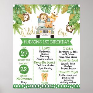 Boys Safari Animals 1 Geburtstag Milestone Poster