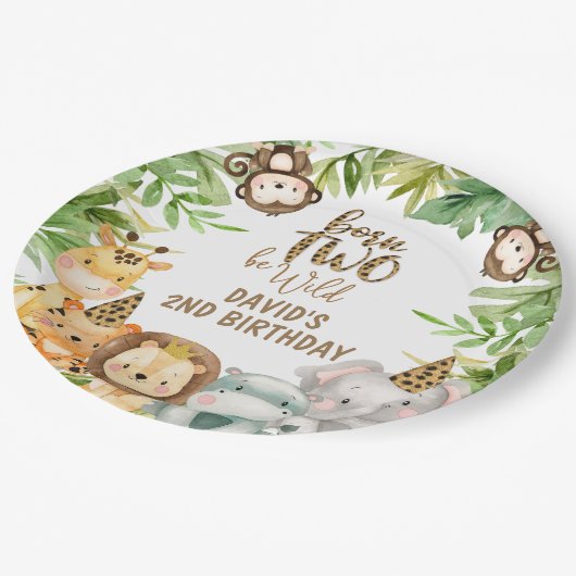 Boys Safari Animals Zwei Wild Birthday Paper Plate Pappteller (Schrägansicht)