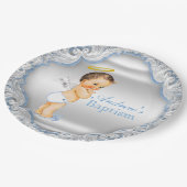 Boys Silver and Blue Angel Baptisse Pappteller (Schrägansicht)