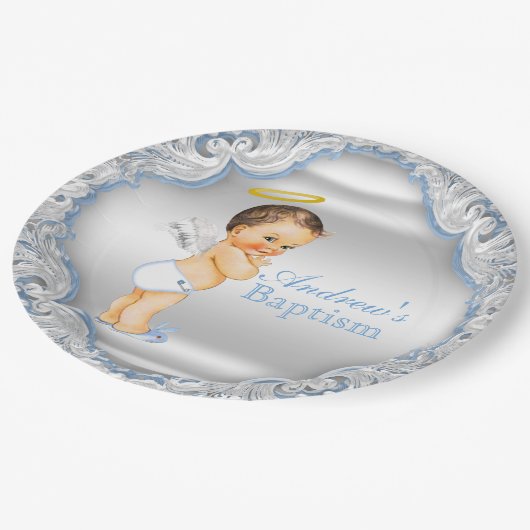 Boys Silver and Blue Angel Baptisse Pappteller (Schrägansicht)