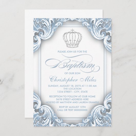 Boys Silver Blue Prince Taufe Einladung (Vorne/Hinten)