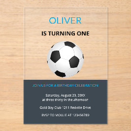 Boys Simple Blue Soccer Kids First Birthday Acryleinladungen