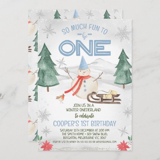 Boys Snowman Winter Onederland Geburtstag Einladung (Vorne/Hinten)