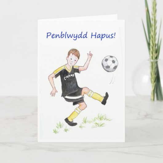 Boys Soccer Birthday Card: Welsh Greeting Karte (Vorderseite)